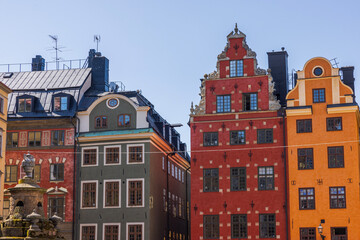 Beautiful view of colorful buildings tops in Old Town area, Stockholm, Sweden. 