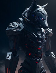 Futuristic humanoid wolf cyborg robot in dark space. 3D rendering - obrazy, fototapety, plakaty