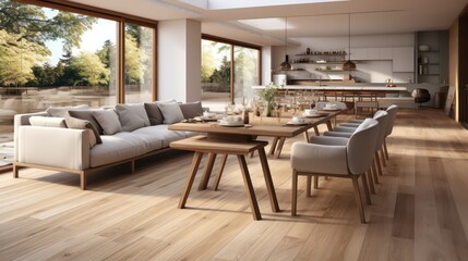 Fototapeta premium Interior design of modern scandinavian apartment, living room and dining room. created with generative ai.