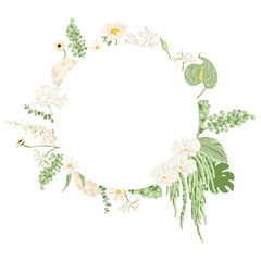 White and Green Round Vector Delicate Floral Frame Illustration