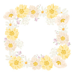 Pastel Yellow, Beige, White Blooming Floral Peony and Daisy Square Frame Illustration