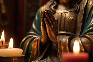Close-up of statue with hands in prayer and burning candles