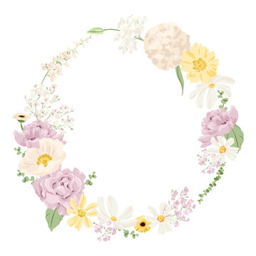Round Vector Delicate Floral Frame Illustration in Pastel Tones