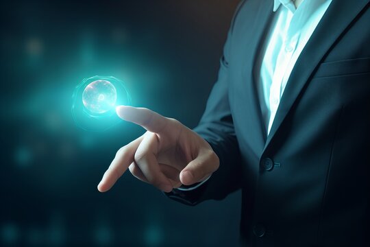 hand pushing a button on a touch screen interface, Digital Empowerment: A Captivating Image of a Businessman Touching an Abstracted Digital Button, Embracing Innovation and Connectivity