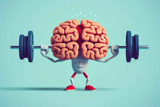 Brain exercising muscles, lifting heavy weights in gym - concept of studying, learning or mental growth. Generative AI