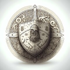 illustration line drawing round viking shield linework vector 