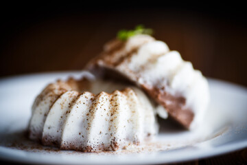 sweet milk chocolate panna cotta on a plate