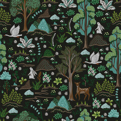 Seamless rustic pattern with trees, animals and plants. Vector.