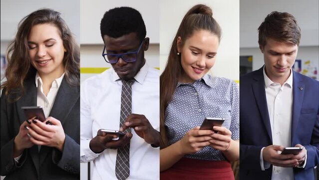 Portraits of diverse smiling business people texting on smartphone in an office. Montage of multiethnic entrepreneurs in formal wear typing message in phone. Corporate workers vertical split screen.