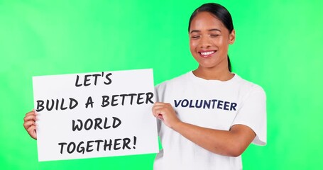 Woman, volunteering sign and green screen with face, smile and recruitment for charity drive in mockup. Girl, student or young activist with poster, billboard and paper for accountability in studio