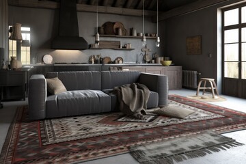 cozy living room with a variety of furniture and a colorful rug