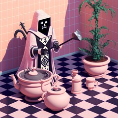a 3D render of the Grim Reaper holding a coffee pot in a room made entirely of retro pink tiling potted plants retro pink and black tile 