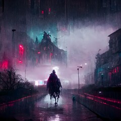 headless horseman street night rain horrorpunk cyberpunk neonwave dramatic light ultra detailed high resolution hd 8k 