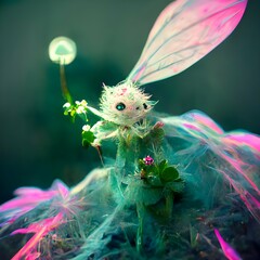 pixie fairy on a clover being watched by a wolf psychedelic surreal colorful volumetric lighting 