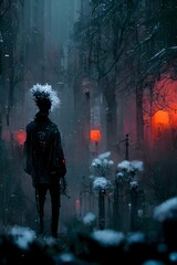 a dark punk man silhouette with knives instead of hands backwards walking on a winter path full of trees and a crystal fountain in the background icepunkgothic rock messy hair ultra detailed 