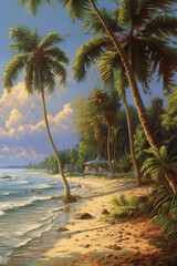 Realistic tropical island beach sands trees at noon. AI generative