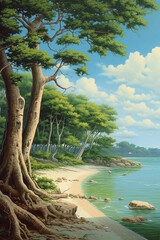 Realistic tropical island beach sands trees at noon. AI generative
