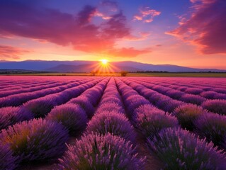 Fototapeta na wymiar A lovely field of lavender by the light of sunset. Stunning colours.