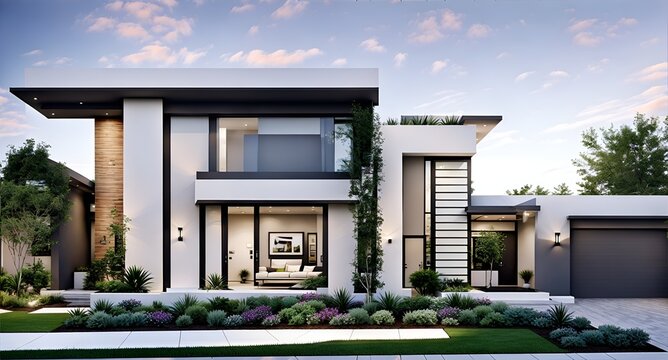 A rendering of a modern house with a large front yard