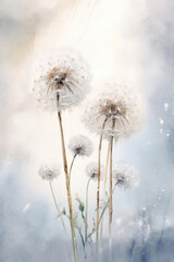 White fluffy watercolor dandelions, on a light background. Generative AI.