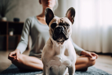 Young woman practice yoga in her living room with her dog 