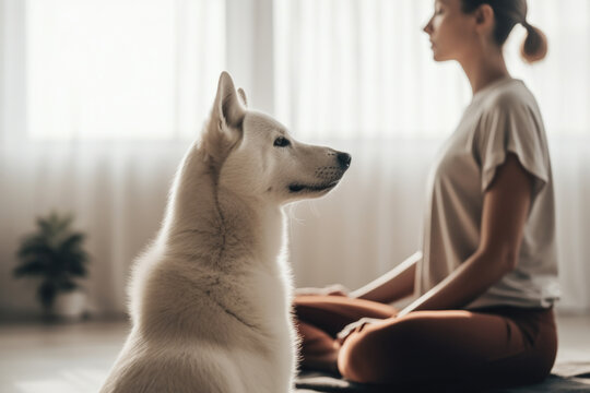 Young woman practice yoga in her living room with her dog 