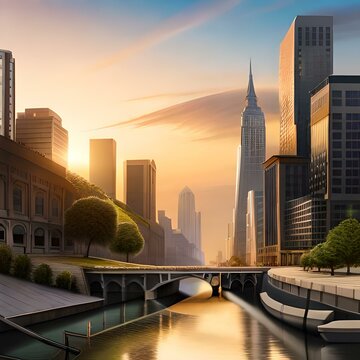 a painting of a city with a river running through it, a detailed matte painting by Evgeny Lushpin, shutterstock contest winner, american scene painting, matte painting, cityscape, matte drawing
