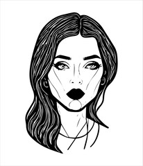 Simple, minimalist vector illustration of beautiful woman face. Line drawing. One line art.