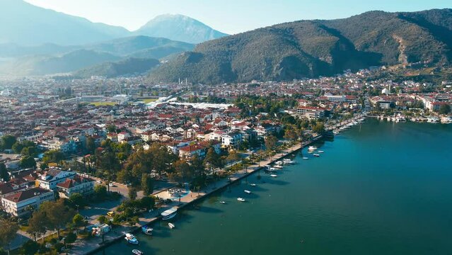Resort town Fethiye in Turkey on Aegean sea, aerial shot
