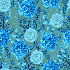 Seamless Christmas pattern with white and blue flowers silver elements. Vector.