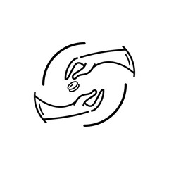 Hand giving and receiving coin money logo icon concept. Funds organization, fundraiser, non profit, donation, charity vector illustration