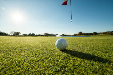 Image of a Golf ball on green shot from a low angle and close to flag
