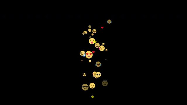 A stream of likes, heart and care reacts from a single point floating upwards, disappearing shortlySocial media emojis of hearts, smilies, thumbs-up and likes animation flying moving upwards direction