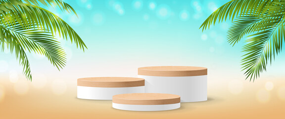 Fototapeta premium Pedestal With Green Palm Leaf And Sale Background