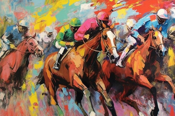 Fototapeta na wymiar Fine art Oil Painting of Horse Racing. Race-riding sport jockeys competition. Modern mid-century of horse race.