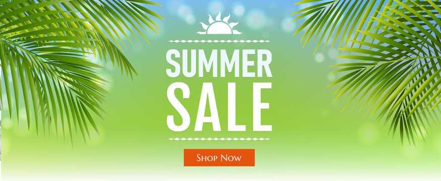 Sale Poster With Green Palm Leaves And Blur