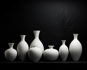 Elegant black and white ceramics on a table against a dark background.  Generative AI.