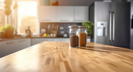 Fototapeta na wymiar wood table top and blur bokeh modern kitchen interior with window