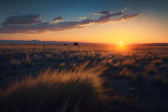 brilliant sunset over midwestern plains swaying tall grass prarie mountains in distance clear blue skies ultra photo realistic gallery quality photo camera setup used by award winning landscape 