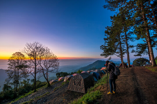 twilight and photographer on monson viewpoint at doi angkhang mountain of chiangmai in Thailand