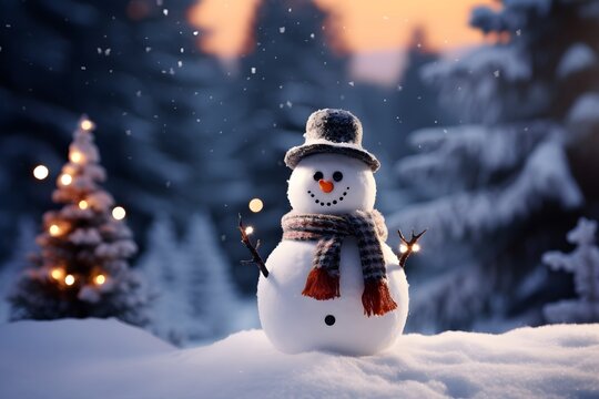 Frosty Festivities: Snowman in a Winter Christmas Scene with Snow and Pine Trees