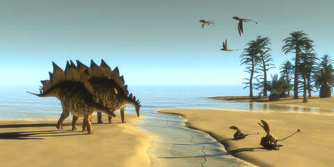 Dimorphodon carnivorous reptiles fly over two Stegosaurus dinosaurs coming down to a steam to drink. © Designpics