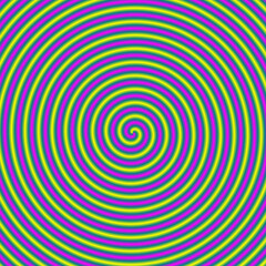 A digital fractal image with a candy stripe spiral design in yellow, blue, green and pink.