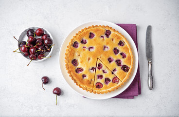 Cherry frangipane cake in a plate