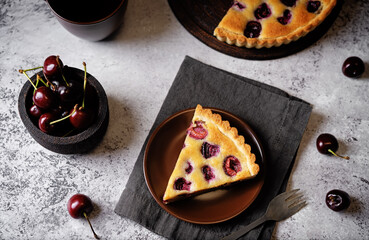 Cherry frangipane cake in a plate
