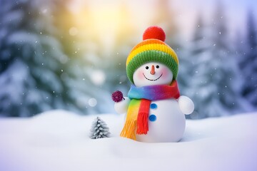 Fototapeta premium Holiday Celebration: Snowman with LGBT Rainbow Colors in a Winter Christmas Scene