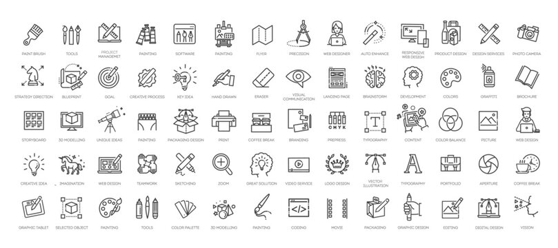 Set of thin line web icons of graphic design and project workflow