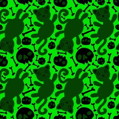 Halloween cartoon black cats seamless animals fluffy monsters pattern for wrapping paper and fabrics and linens