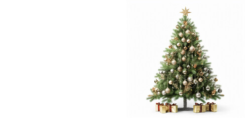 Decorated Christmas tree on a white background. Celebrate concept. Copy space