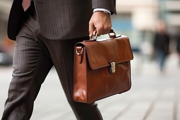 Businessman walking with briefcase in the city, close-up